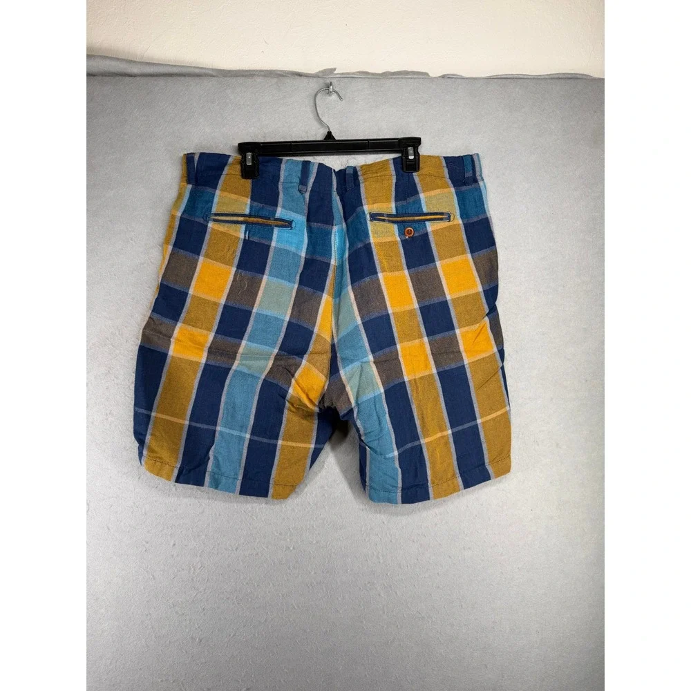 Tommy Bahama Mens Plaid Linen Blend Shorts Blue Yellow Size 40 Flat Front